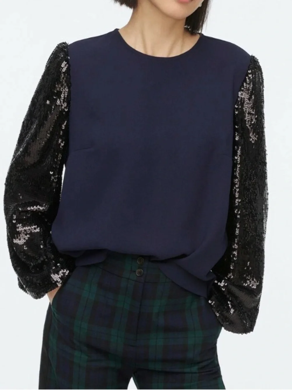 J. Crew Navy Blue Black Sequin Sleeve Formal Party Crepe Blouse Top Size XXS NWT